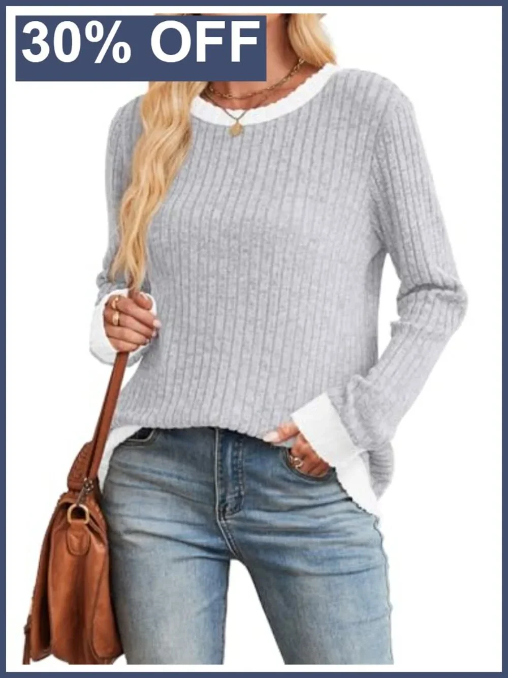 Sampeel Women's Long Sleeve Tunic Sweater Color Block Loose Fit Crewneck